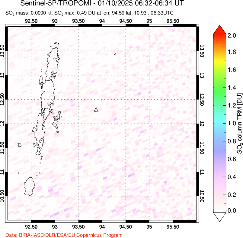 A sulfur dioxide image over Andaman Islands, Indian Ocean on Jan 10, 2025.