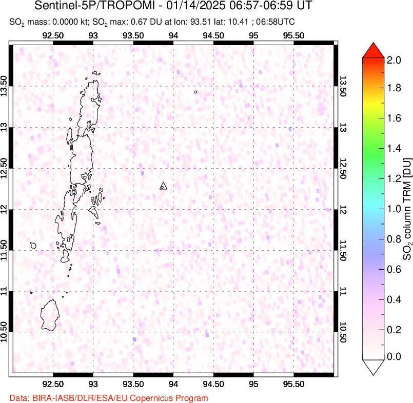 A sulfur dioxide image over Andaman Islands, Indian Ocean on Jan 14, 2025.