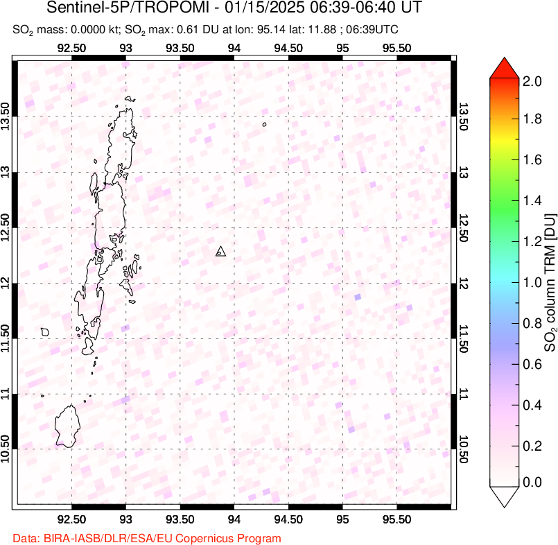 A sulfur dioxide image over Andaman Islands, Indian Ocean on Jan 15, 2025.