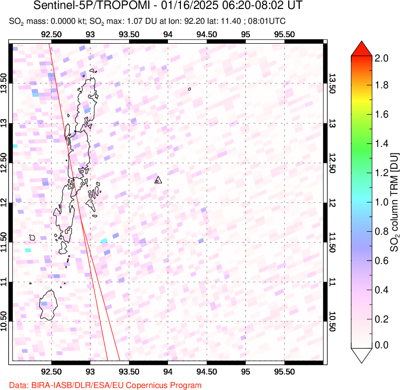 A sulfur dioxide image over Andaman Islands, Indian Ocean on Jan 16, 2025.