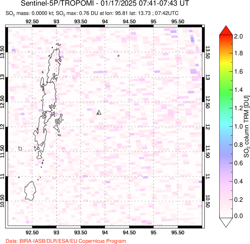 A sulfur dioxide image over Andaman Islands, Indian Ocean on Jan 17, 2025.