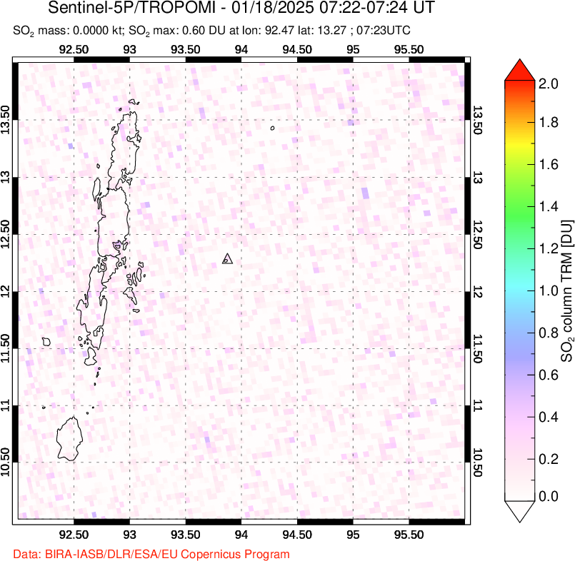 A sulfur dioxide image over Andaman Islands, Indian Ocean on Jan 18, 2025.