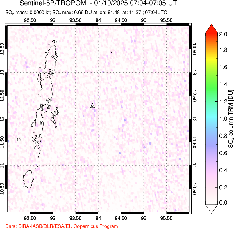 A sulfur dioxide image over Andaman Islands, Indian Ocean on Jan 19, 2025.