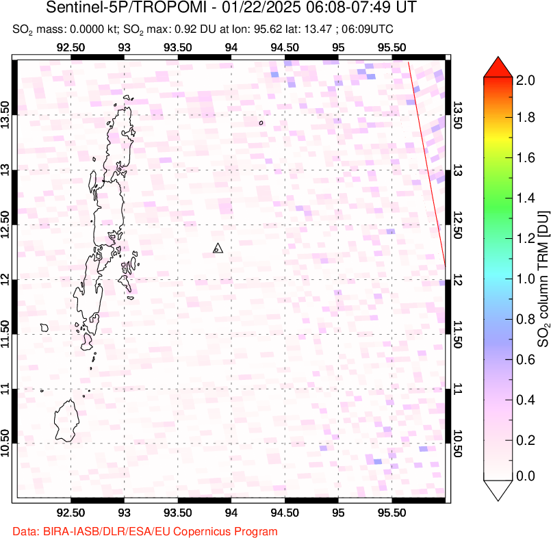 A sulfur dioxide image over Andaman Islands, Indian Ocean on Jan 22, 2025.