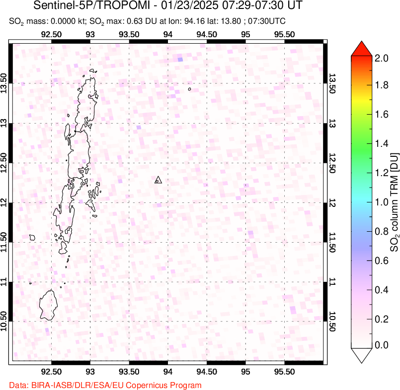 A sulfur dioxide image over Andaman Islands, Indian Ocean on Jan 23, 2025.