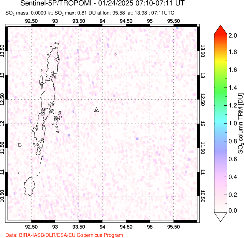 A sulfur dioxide image over Andaman Islands, Indian Ocean on Jan 24, 2025.