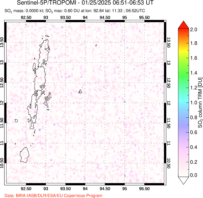 A sulfur dioxide image over Andaman Islands, Indian Ocean on Jan 25, 2025.