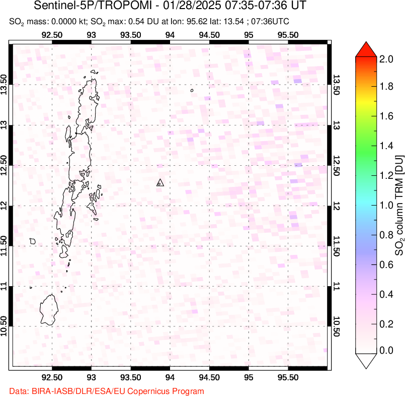 A sulfur dioxide image over Andaman Islands, Indian Ocean on Jan 28, 2025.