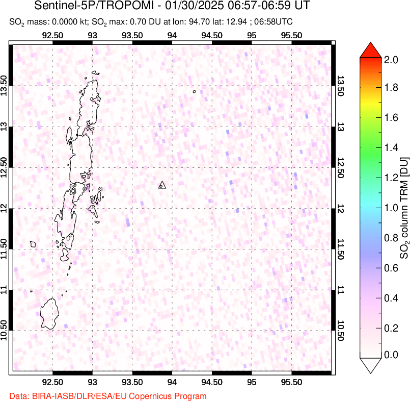 A sulfur dioxide image over Andaman Islands, Indian Ocean on Jan 30, 2025.