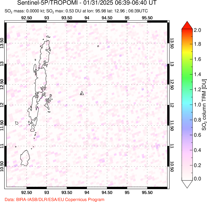 A sulfur dioxide image over Andaman Islands, Indian Ocean on Jan 31, 2025.