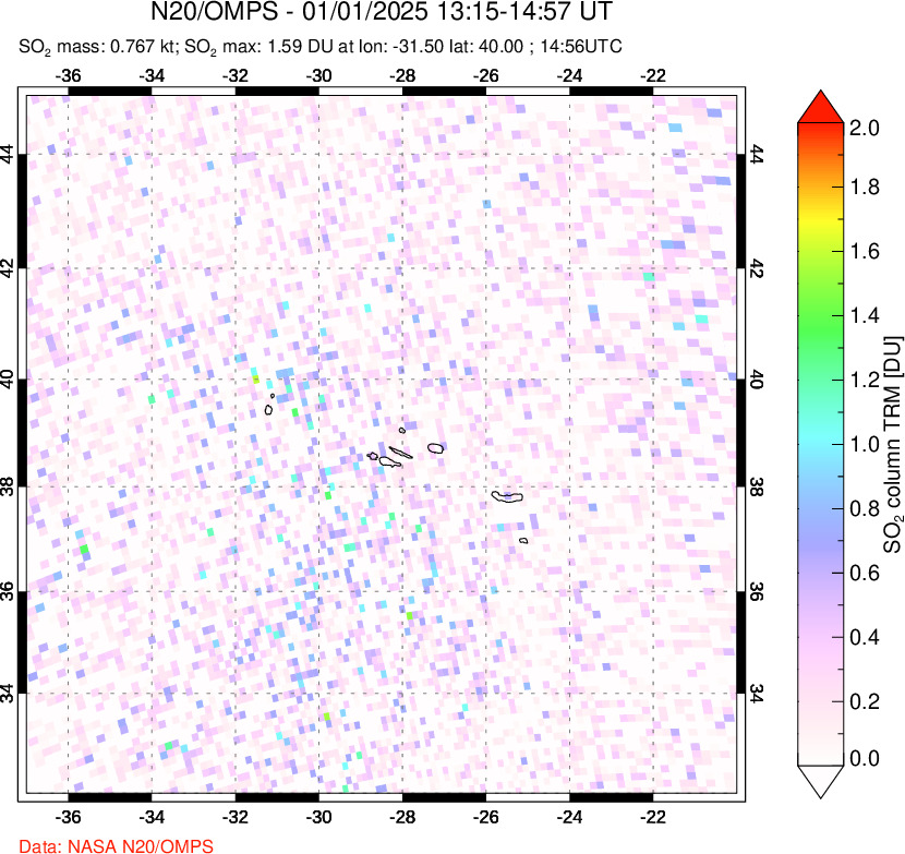 A sulfur dioxide image over Azores Islands, Portugal on Jan 01, 2025.