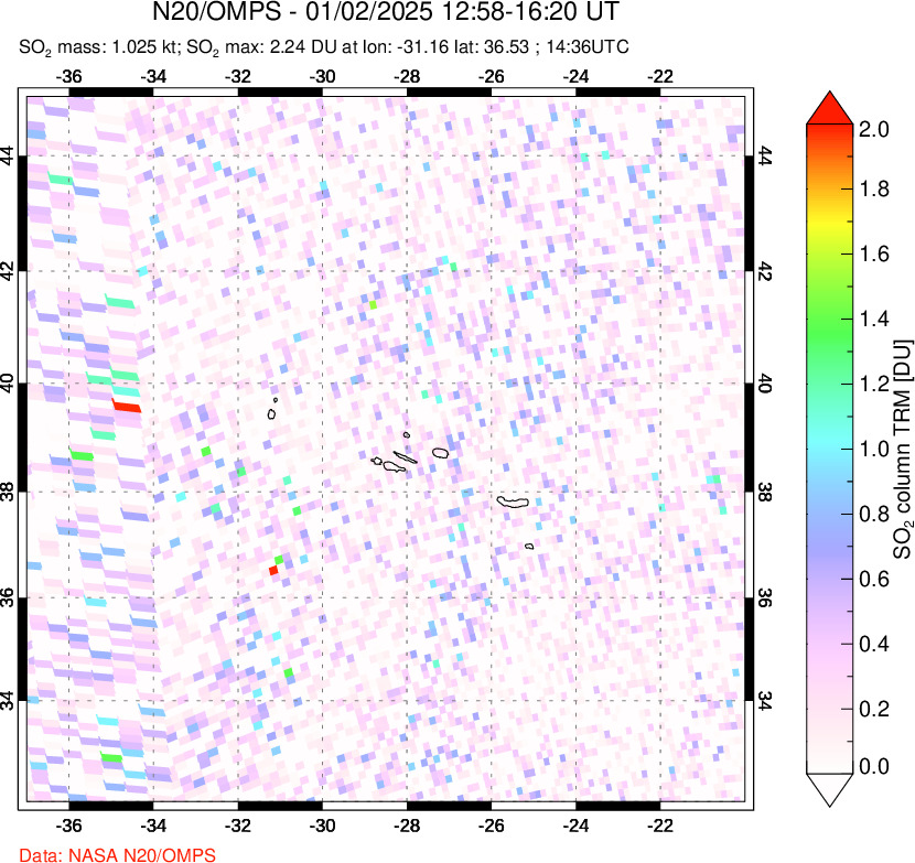 A sulfur dioxide image over Azores Islands, Portugal on Jan 02, 2025.