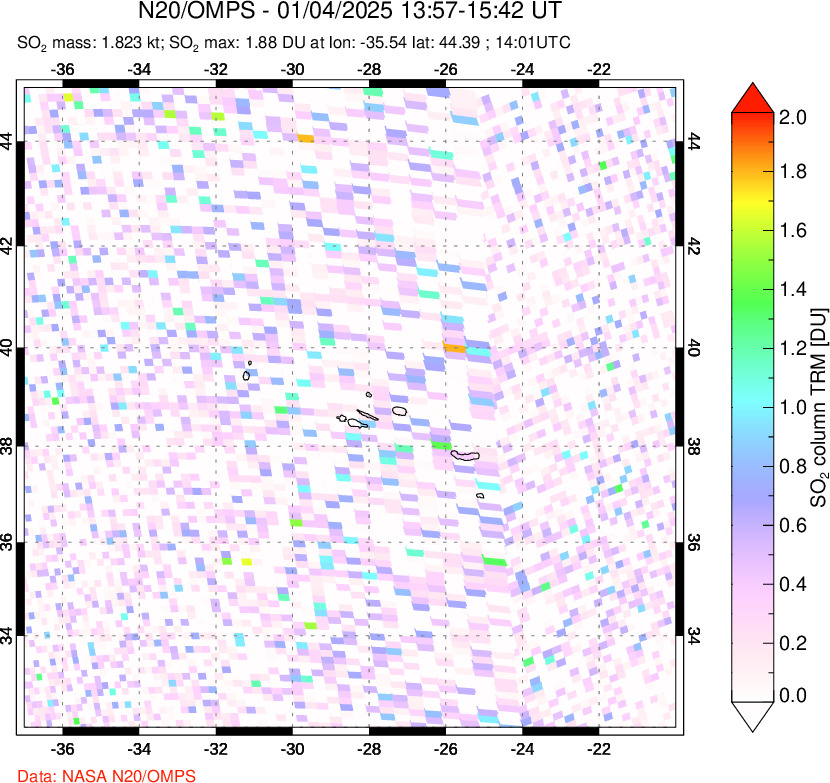 A sulfur dioxide image over Azores Islands, Portugal on Jan 04, 2025.