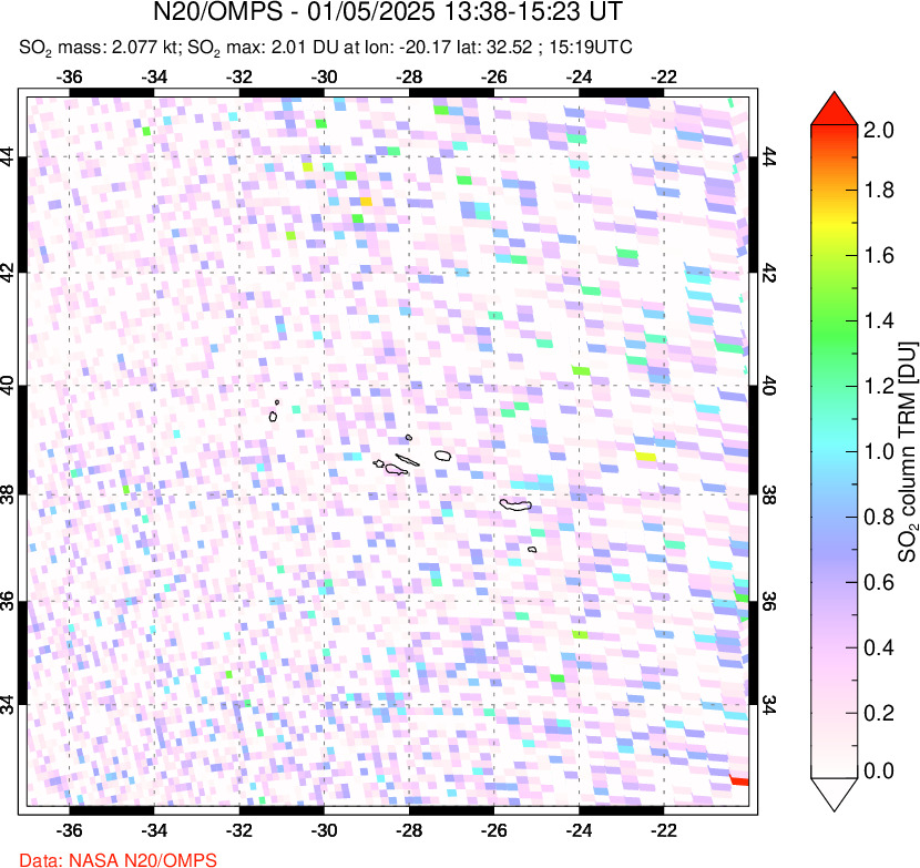 A sulfur dioxide image over Azores Islands, Portugal on Jan 05, 2025.