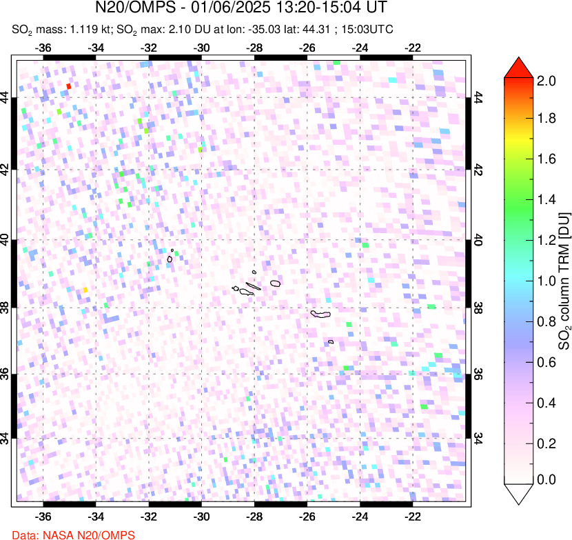 A sulfur dioxide image over Azores Islands, Portugal on Jan 06, 2025.