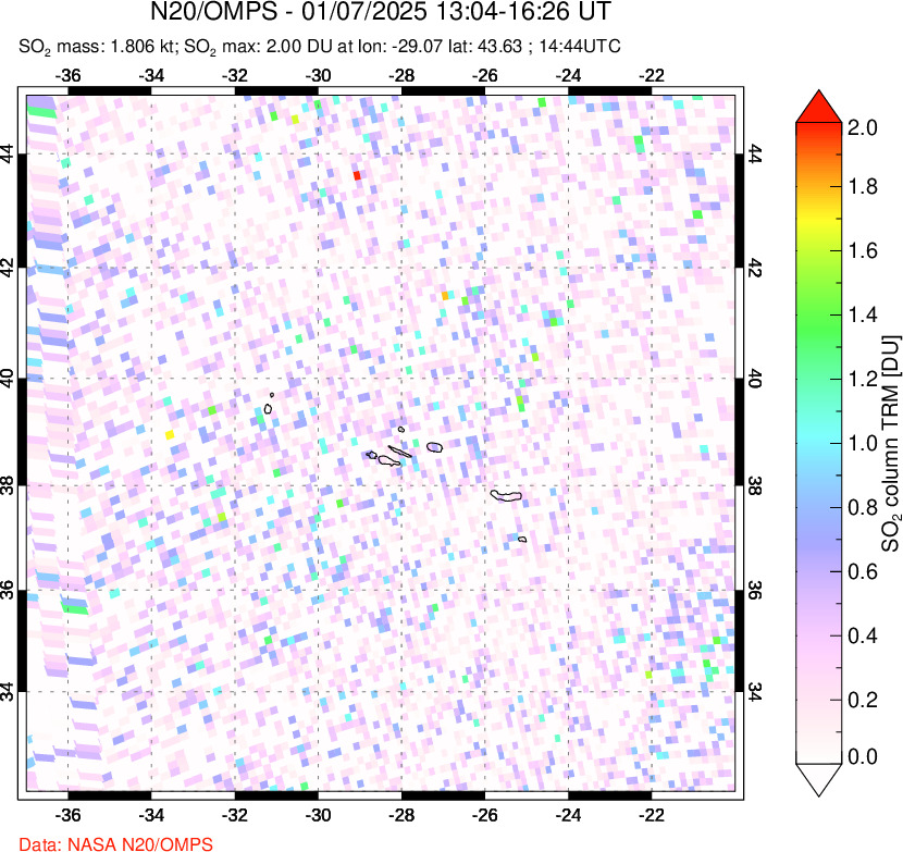 A sulfur dioxide image over Azores Islands, Portugal on Jan 07, 2025.