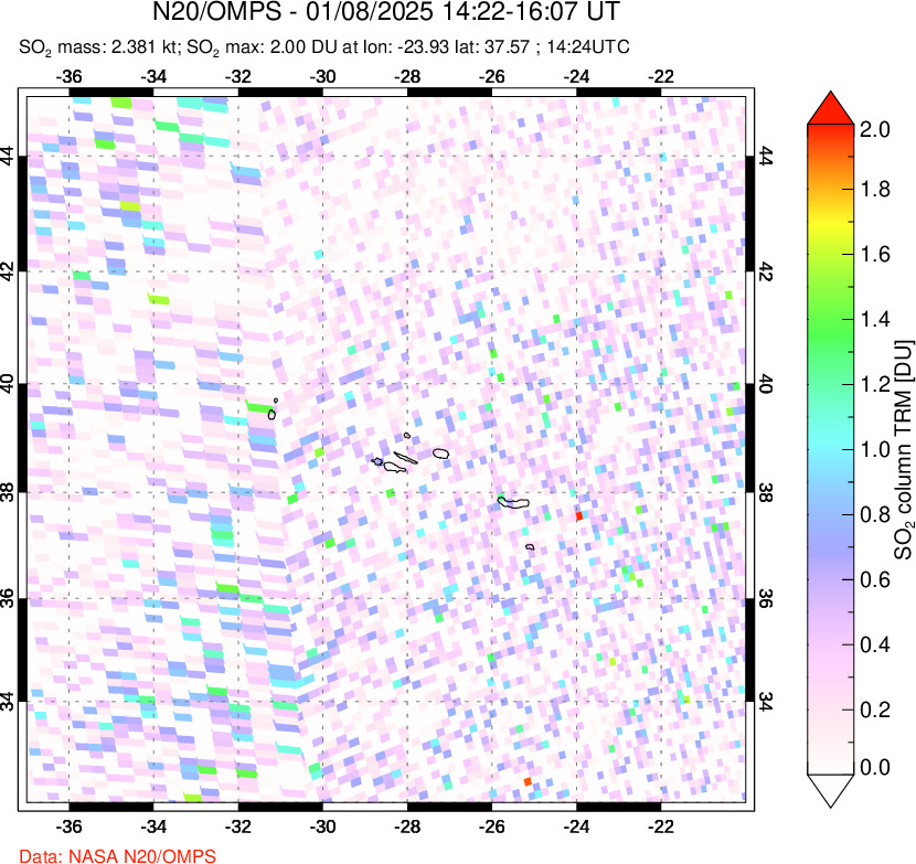 A sulfur dioxide image over Azores Islands, Portugal on Jan 08, 2025.