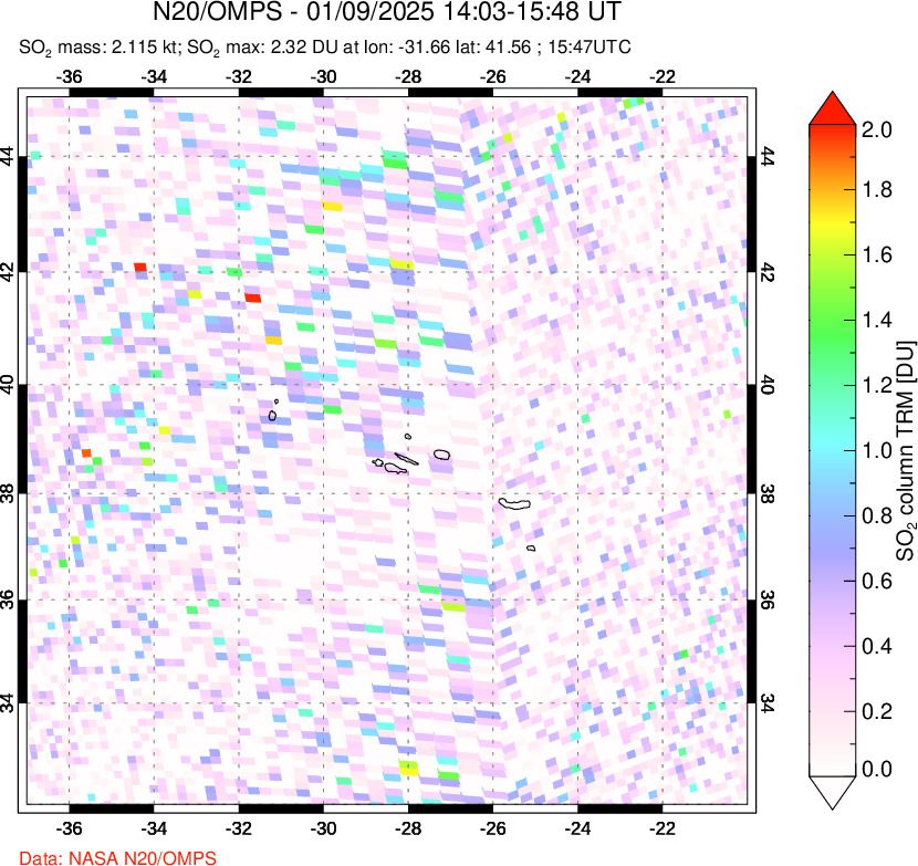 A sulfur dioxide image over Azores Islands, Portugal on Jan 09, 2025.