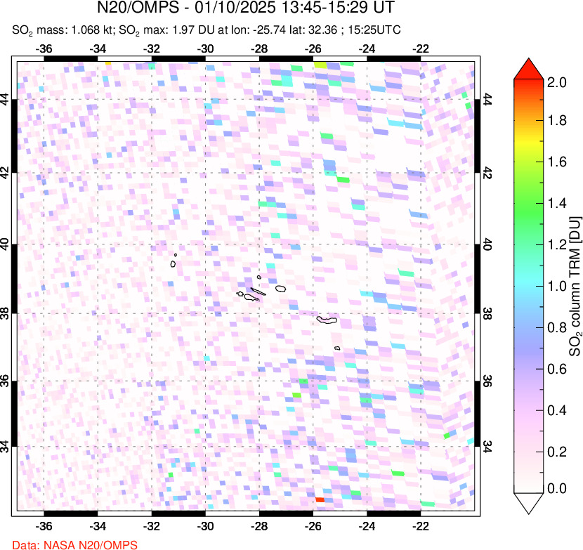 A sulfur dioxide image over Azores Islands, Portugal on Jan 10, 2025.