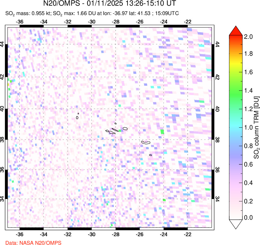 A sulfur dioxide image over Azores Islands, Portugal on Jan 11, 2025.