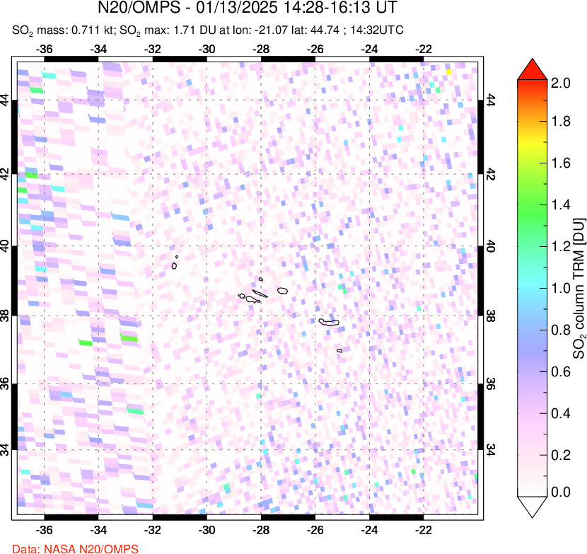 A sulfur dioxide image over Azores Islands, Portugal on Jan 13, 2025.