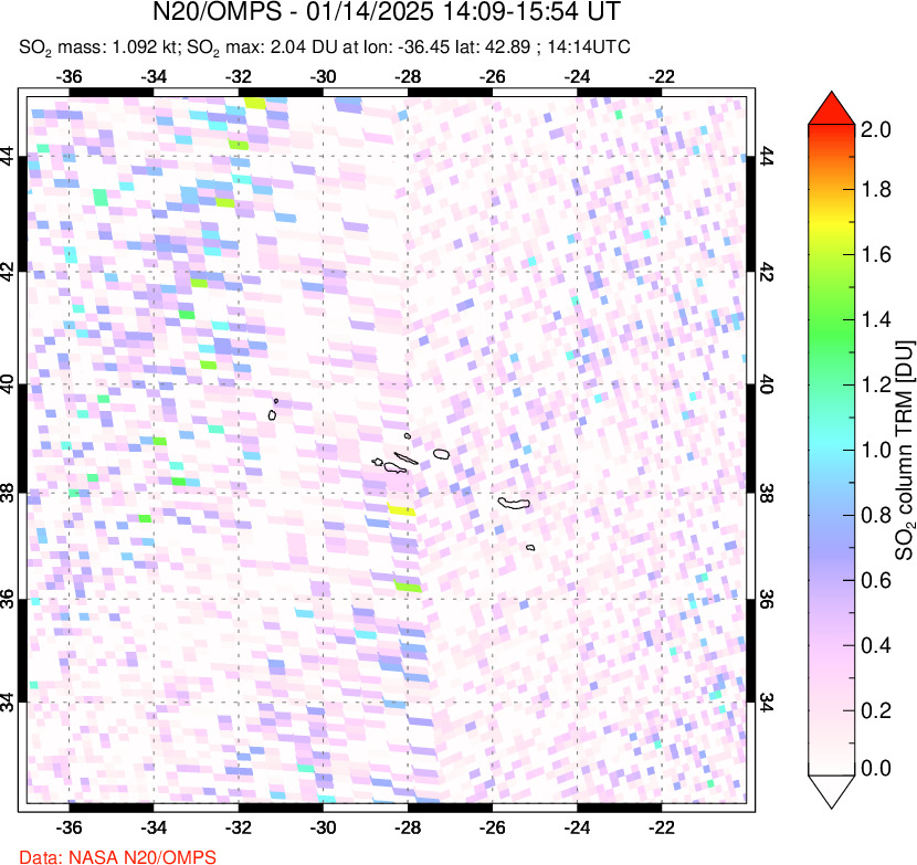 A sulfur dioxide image over Azores Islands, Portugal on Jan 14, 2025.