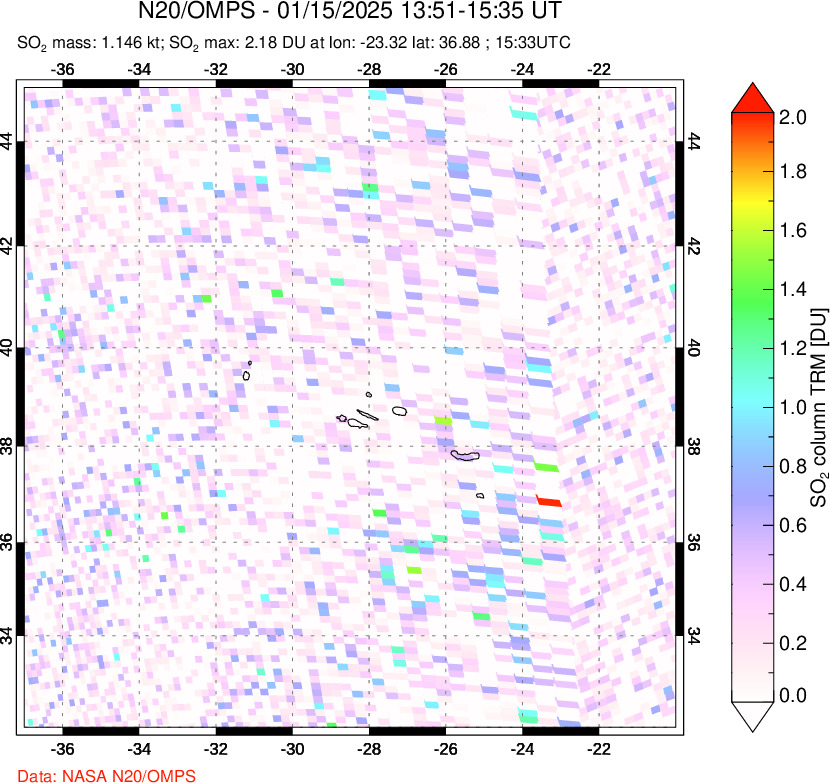 A sulfur dioxide image over Azores Islands, Portugal on Jan 15, 2025.