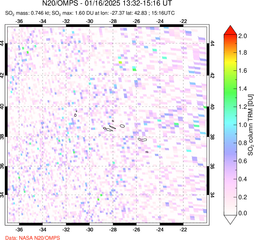 A sulfur dioxide image over Azores Islands, Portugal on Jan 16, 2025.