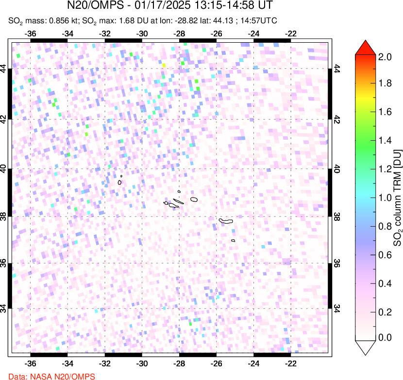 A sulfur dioxide image over Azores Islands, Portugal on Jan 17, 2025.