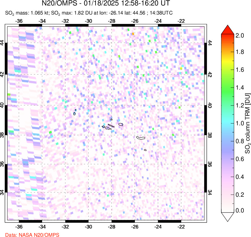 A sulfur dioxide image over Azores Islands, Portugal on Jan 18, 2025.