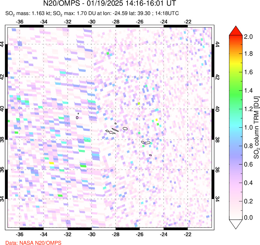 A sulfur dioxide image over Azores Islands, Portugal on Jan 19, 2025.