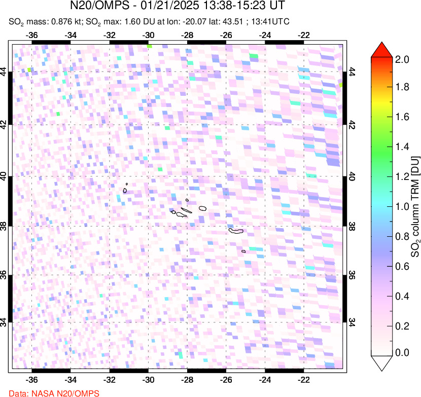 A sulfur dioxide image over Azores Islands, Portugal on Jan 21, 2025.