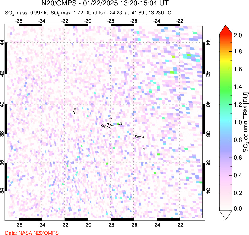 A sulfur dioxide image over Azores Islands, Portugal on Jan 22, 2025.