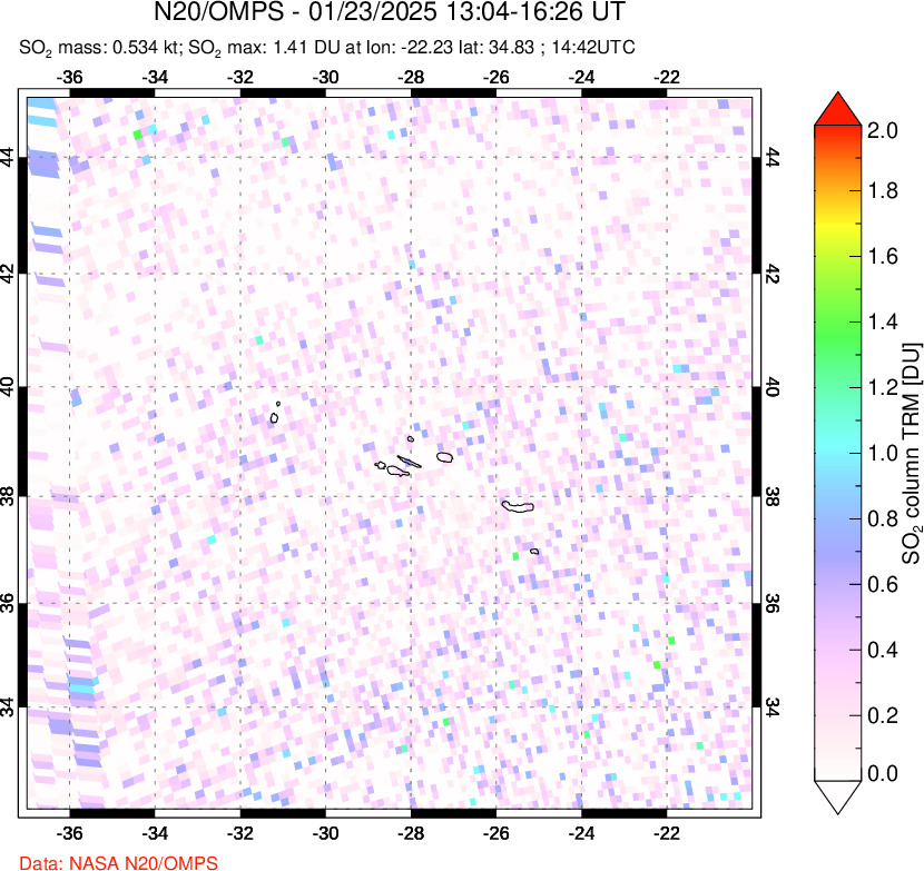 A sulfur dioxide image over Azores Islands, Portugal on Jan 23, 2025.