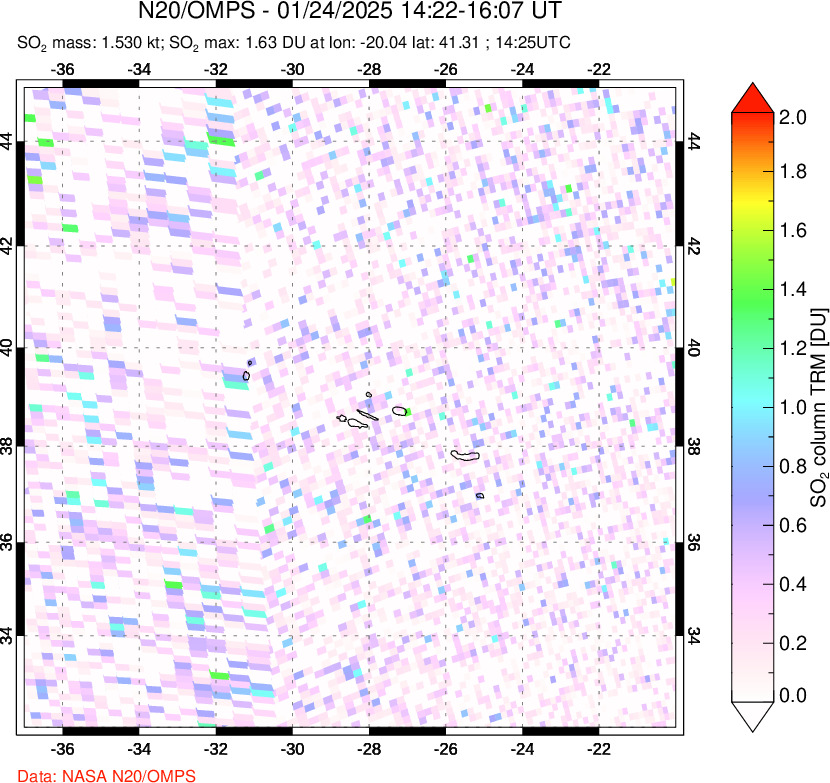 A sulfur dioxide image over Azores Islands, Portugal on Jan 24, 2025.