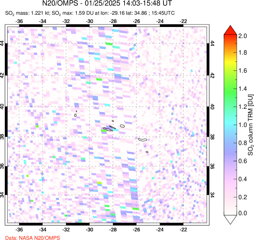 A sulfur dioxide image over Azores Islands, Portugal on Jan 25, 2025.