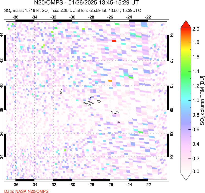 A sulfur dioxide image over Azores Islands, Portugal on Jan 26, 2025.