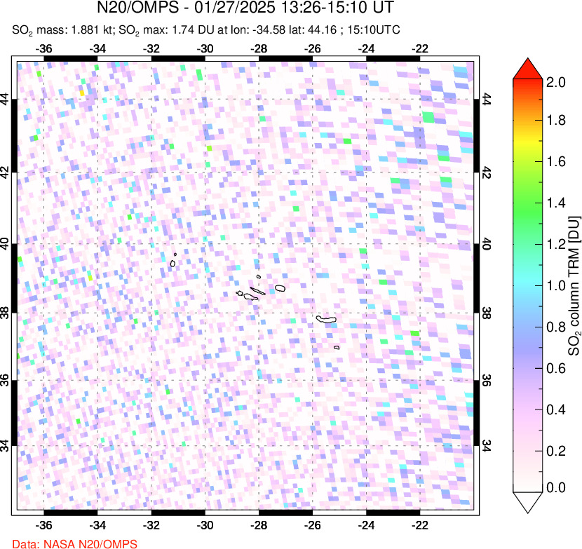 A sulfur dioxide image over Azores Islands, Portugal on Jan 27, 2025.