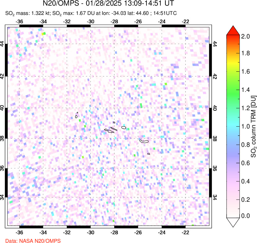 A sulfur dioxide image over Azores Islands, Portugal on Jan 28, 2025.