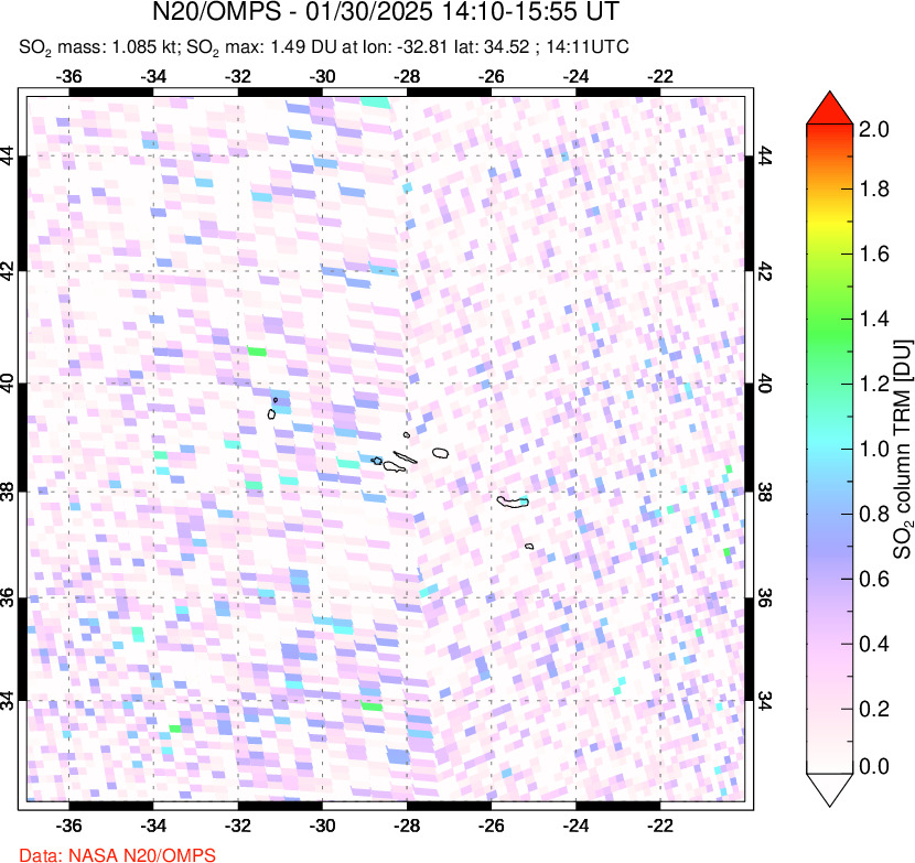 A sulfur dioxide image over Azores Islands, Portugal on Jan 30, 2025.