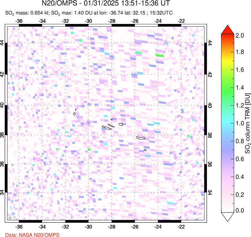 A sulfur dioxide image over Azores Islands, Portugal on Jan 31, 2025.