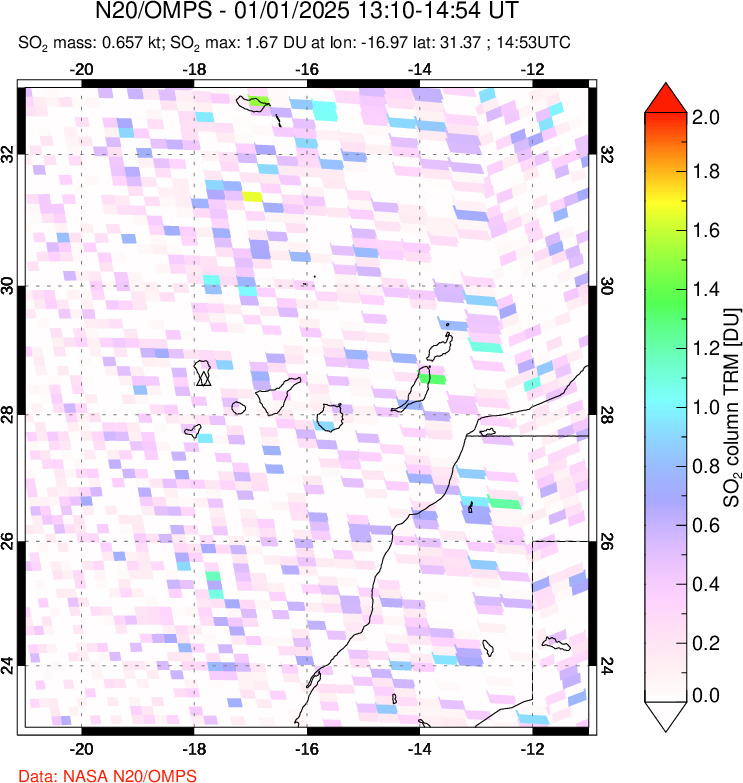 A sulfur dioxide image over Canary Islands on Jan 01, 2025.