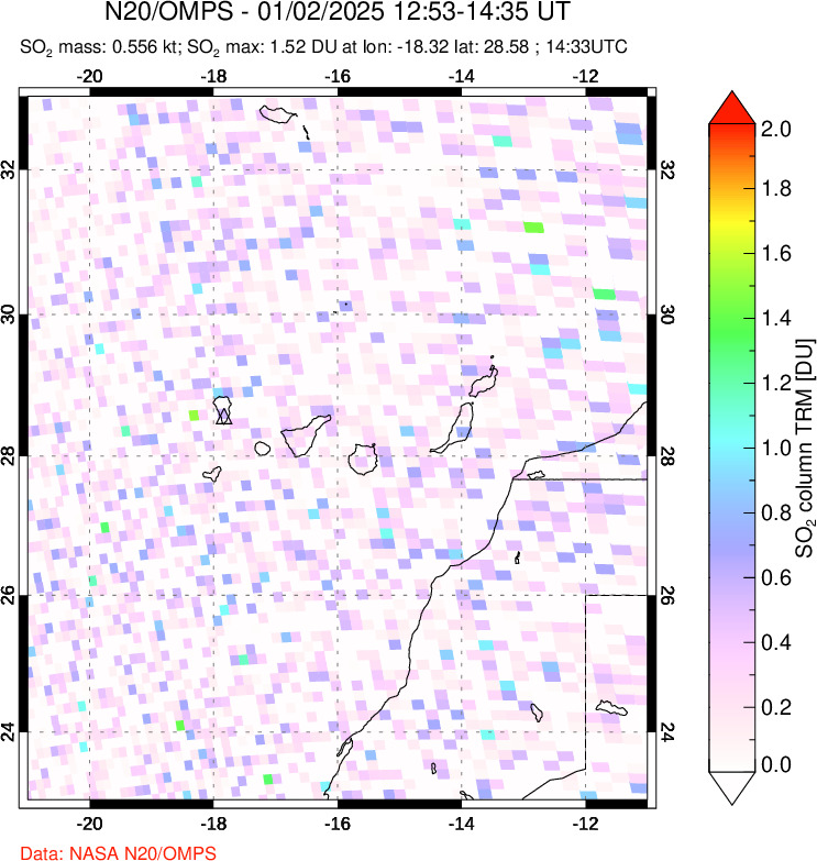 A sulfur dioxide image over Canary Islands on Jan 02, 2025.