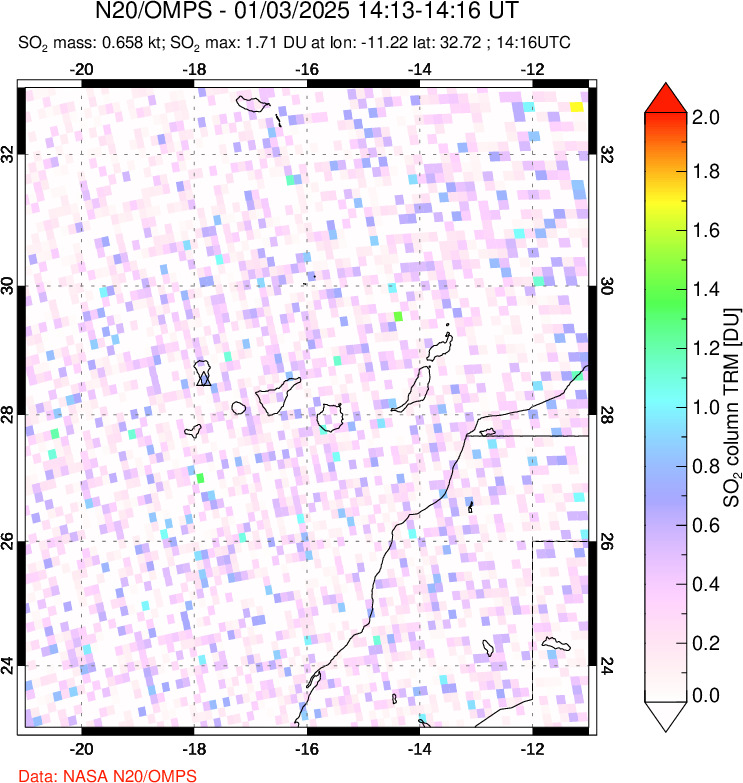 A sulfur dioxide image over Canary Islands on Jan 03, 2025.