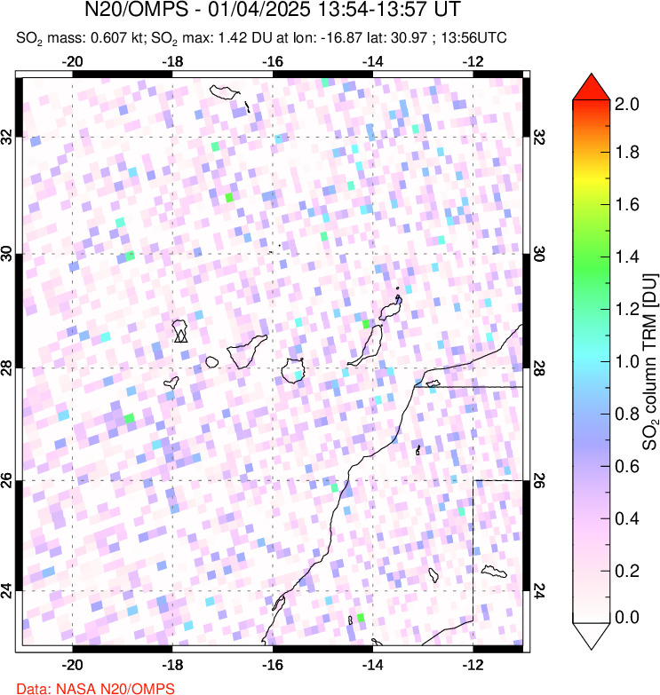 A sulfur dioxide image over Canary Islands on Jan 04, 2025.