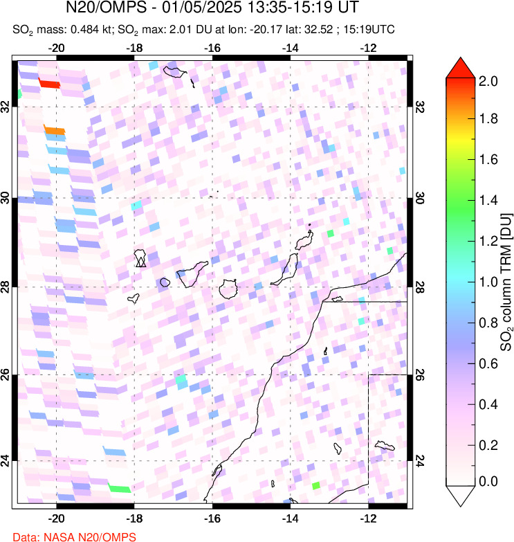 A sulfur dioxide image over Canary Islands on Jan 05, 2025.