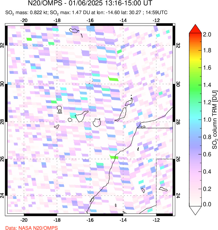 A sulfur dioxide image over Canary Islands on Jan 06, 2025.