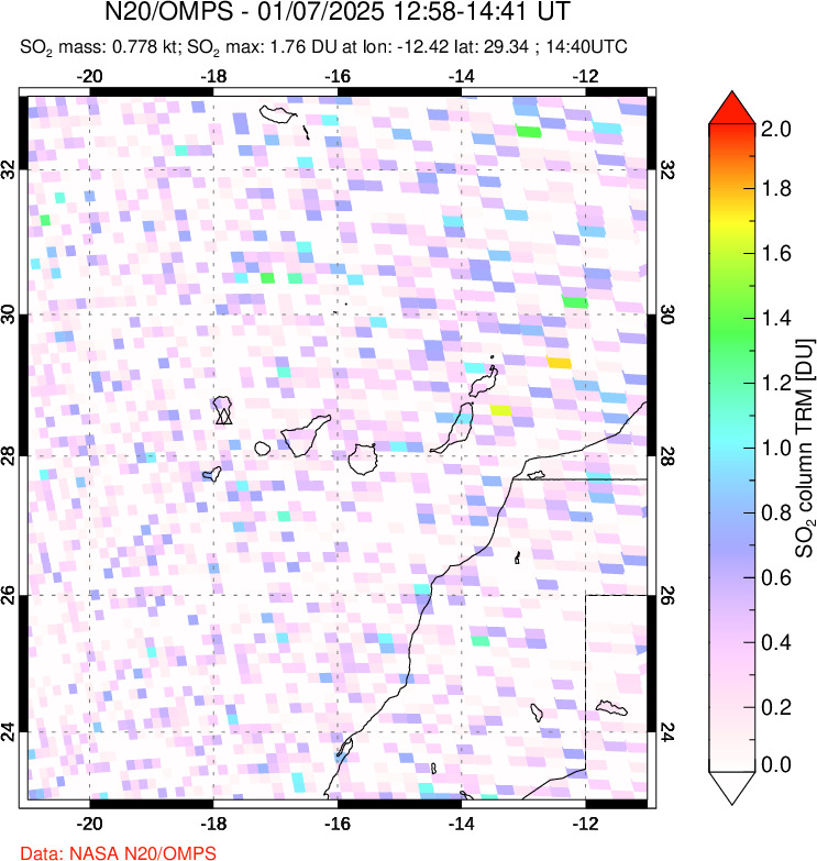 A sulfur dioxide image over Canary Islands on Jan 07, 2025.