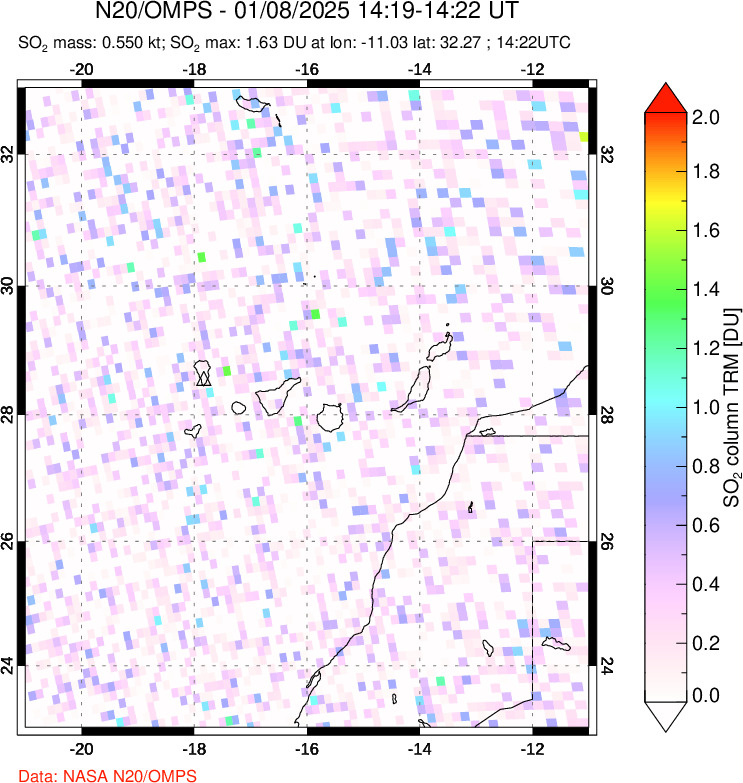 A sulfur dioxide image over Canary Islands on Jan 08, 2025.