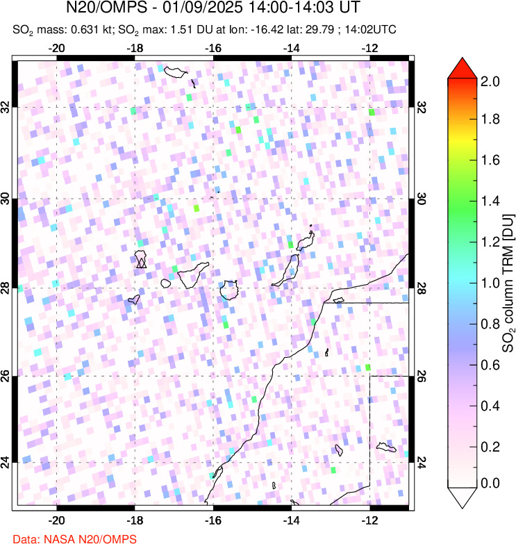 A sulfur dioxide image over Canary Islands on Jan 09, 2025.